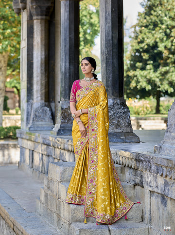 Exquisite Yellow Color Designer Silk Fabric Style Saree With Fancy Blouse