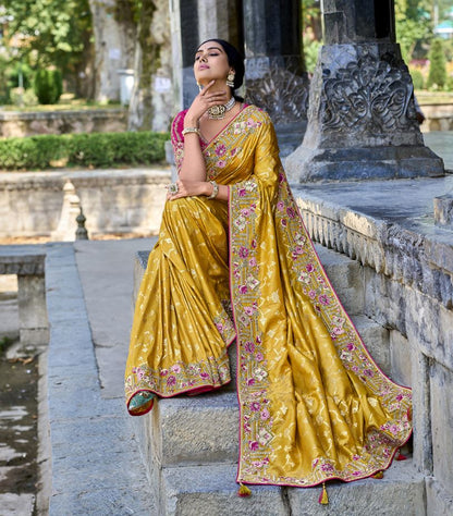 Exquisite Yellow Color Designer Silk Fabric Style Saree With Fancy Blouse