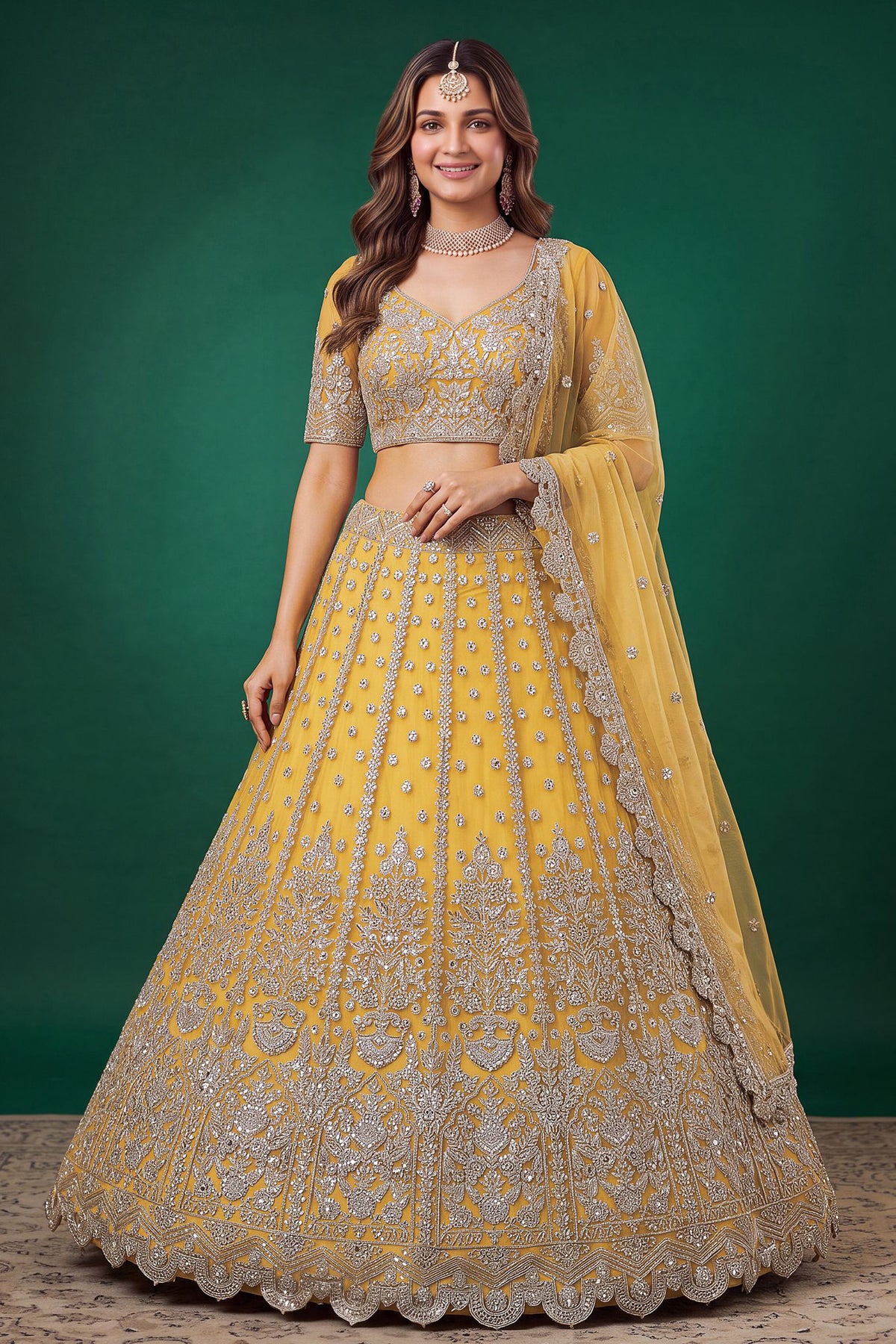 Yellow lehenga for wedding front view with embroidered choli