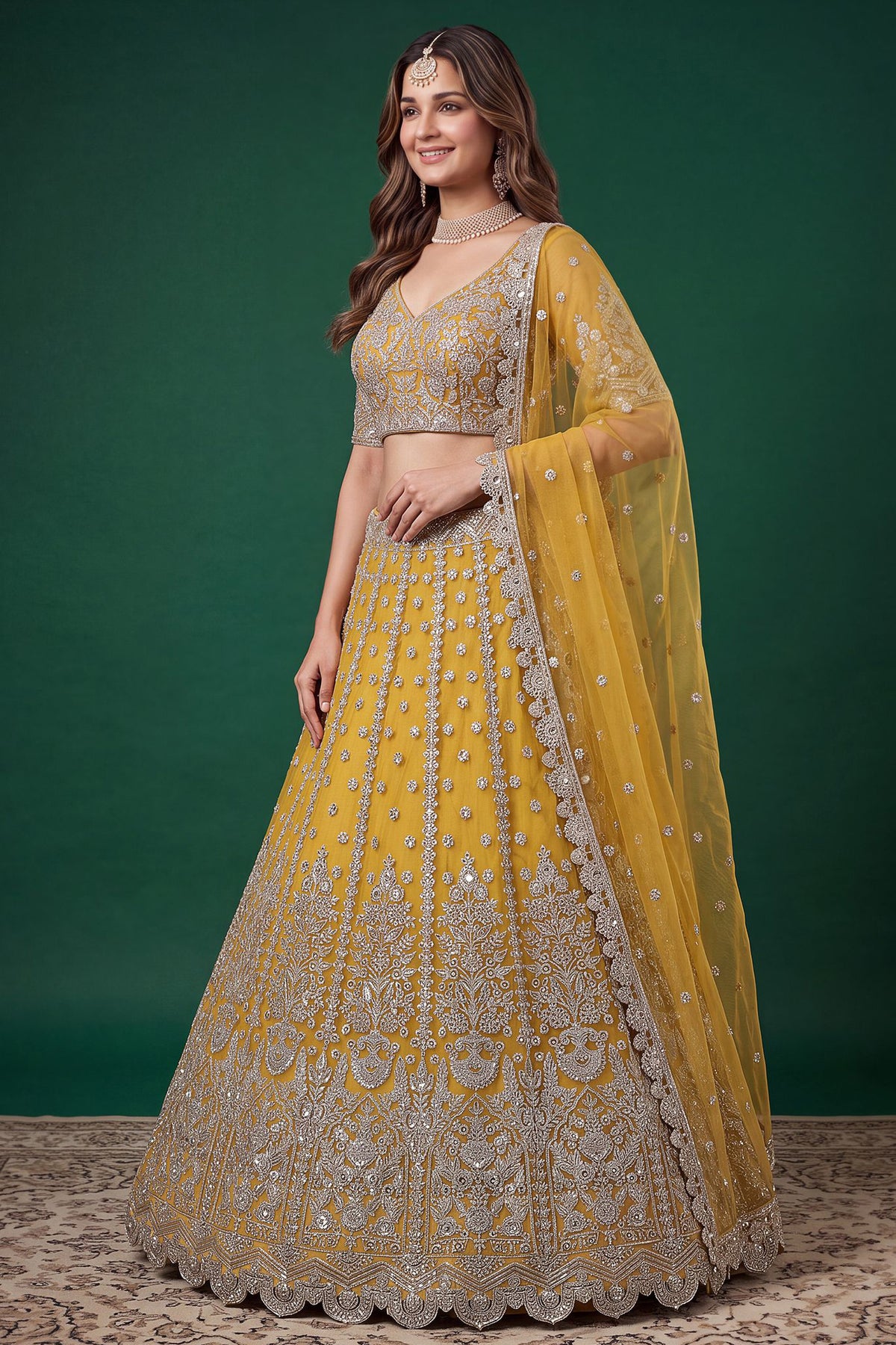 Yellow lehengha choli side view with dupatta