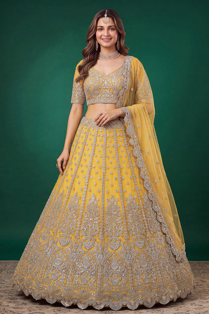 Yellow wedding lehenga, front view