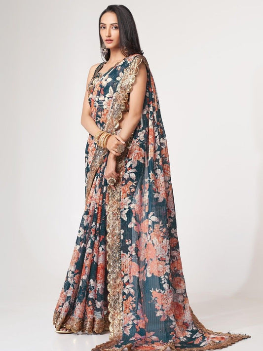 Stunning Navy Blue Floral Printed Wedding Function Wear Saree