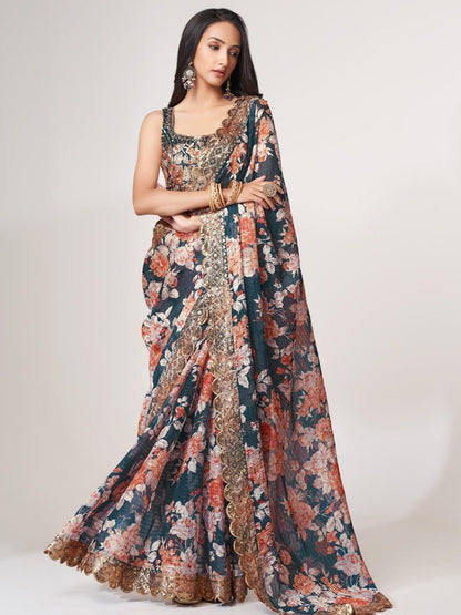 Stunning Navy Blue Floral Printed Wedding Function Wear Saree