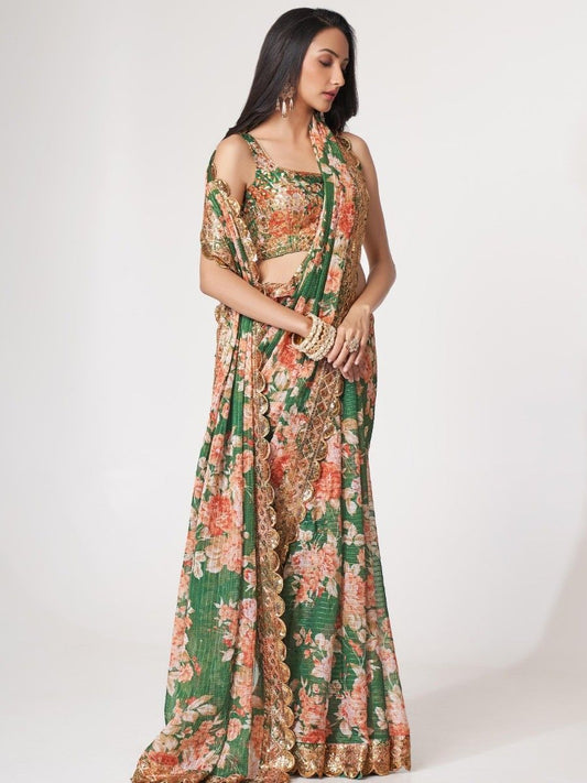 Pretty Green Color Floral Printed Classic Saree With Occasion Wear Saree