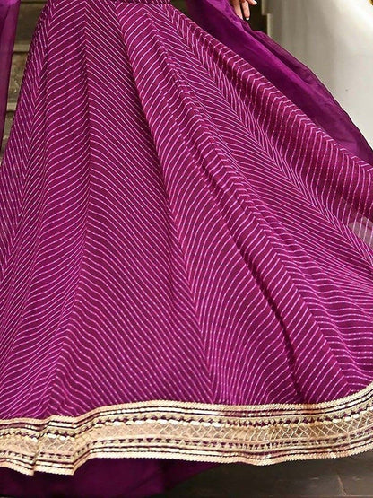 Amazing Designer Purple Color Leheriya Print Work Lehenga Choli With Dupatta