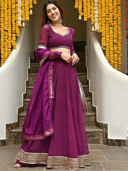 Amazing Designer Purple Color Leheriya Print Work Lehenga Choli With Dupatta