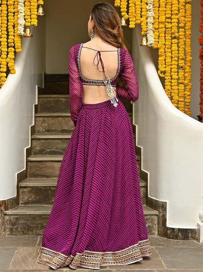 Amazing Designer Purple Color Leheriya Print Work Lehenga Choli With Dupatta