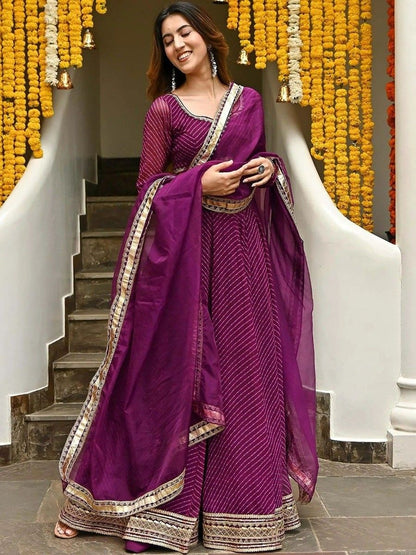 Amazing Designer Purple Color Leheriya Print Work Lehenga Choli With Dupatta