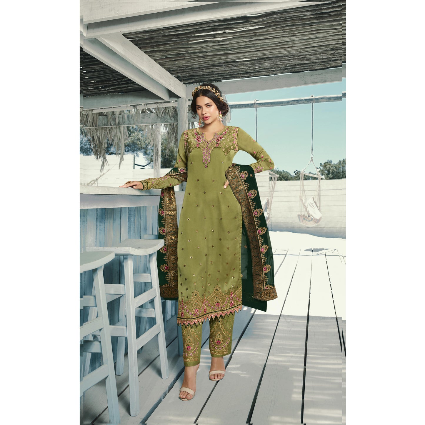Reception Party Wear Pakistani Designer Fancy Trouser Pant Suits  Embroidered Jacquard Lace Border Hand Work Silk Dupatta Salwar Kameez Suit