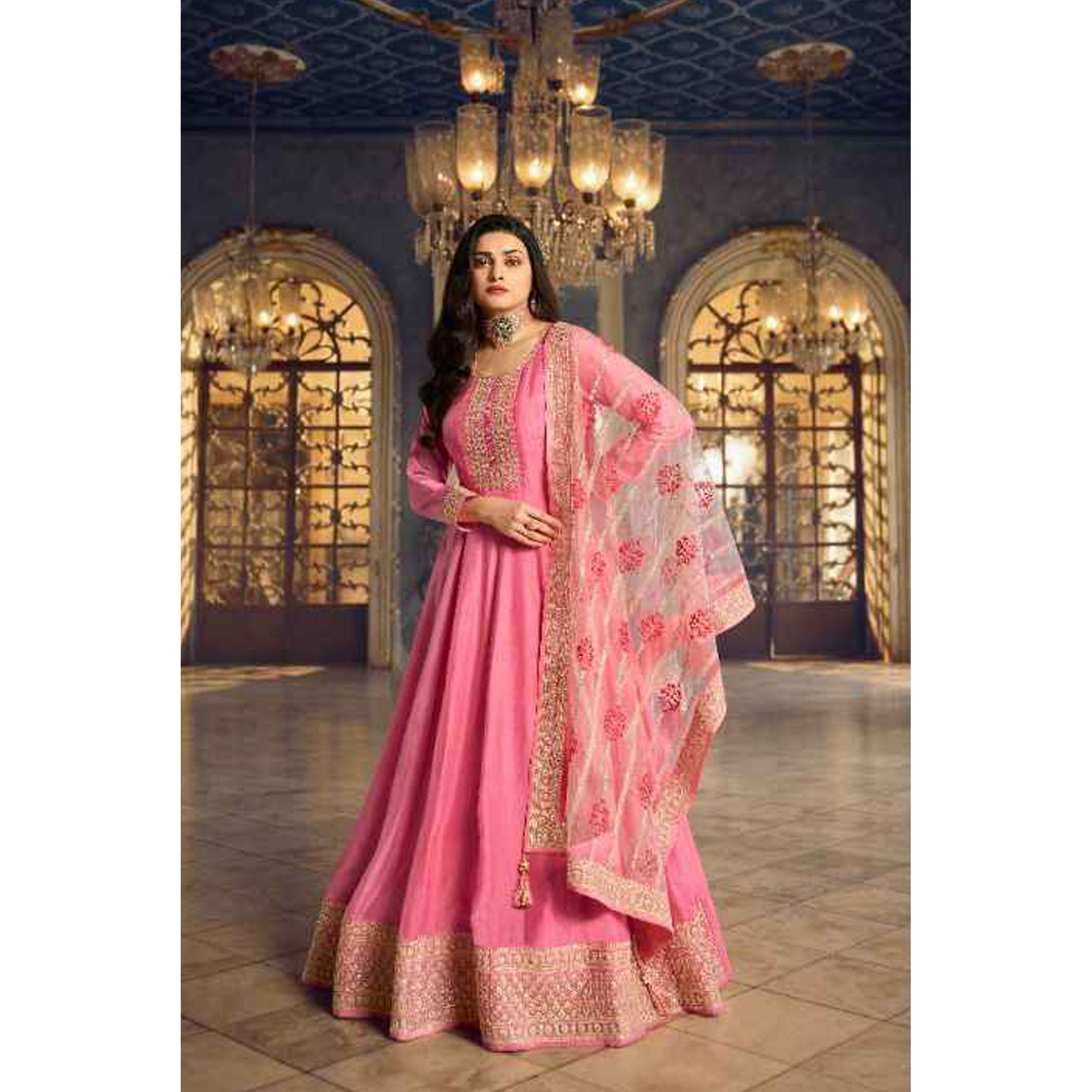Designer Long Flared Anarkali Pink Color Gown