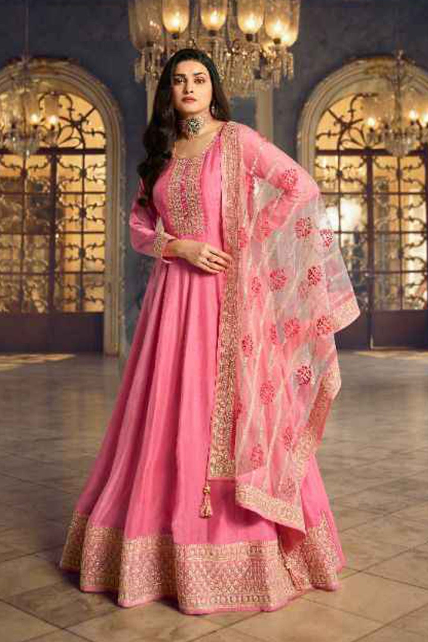 Designer Long Flared Anarkali Pink Color Gown