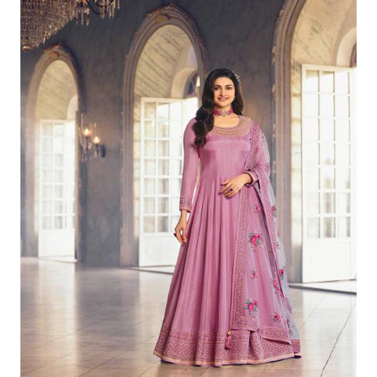 Designer Long Flared Anarkali Pink Color Gown