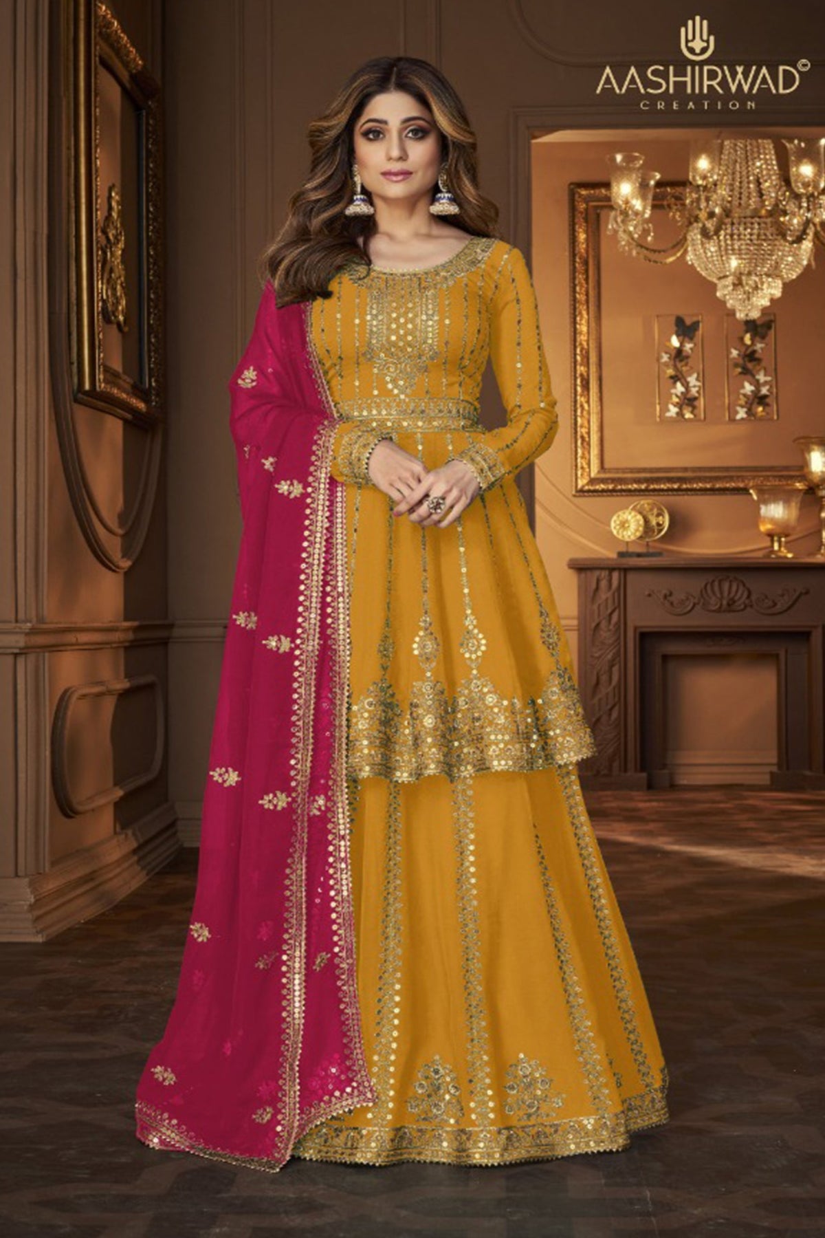 Yellow embroidered plus size Indian wedding lehenga outfit