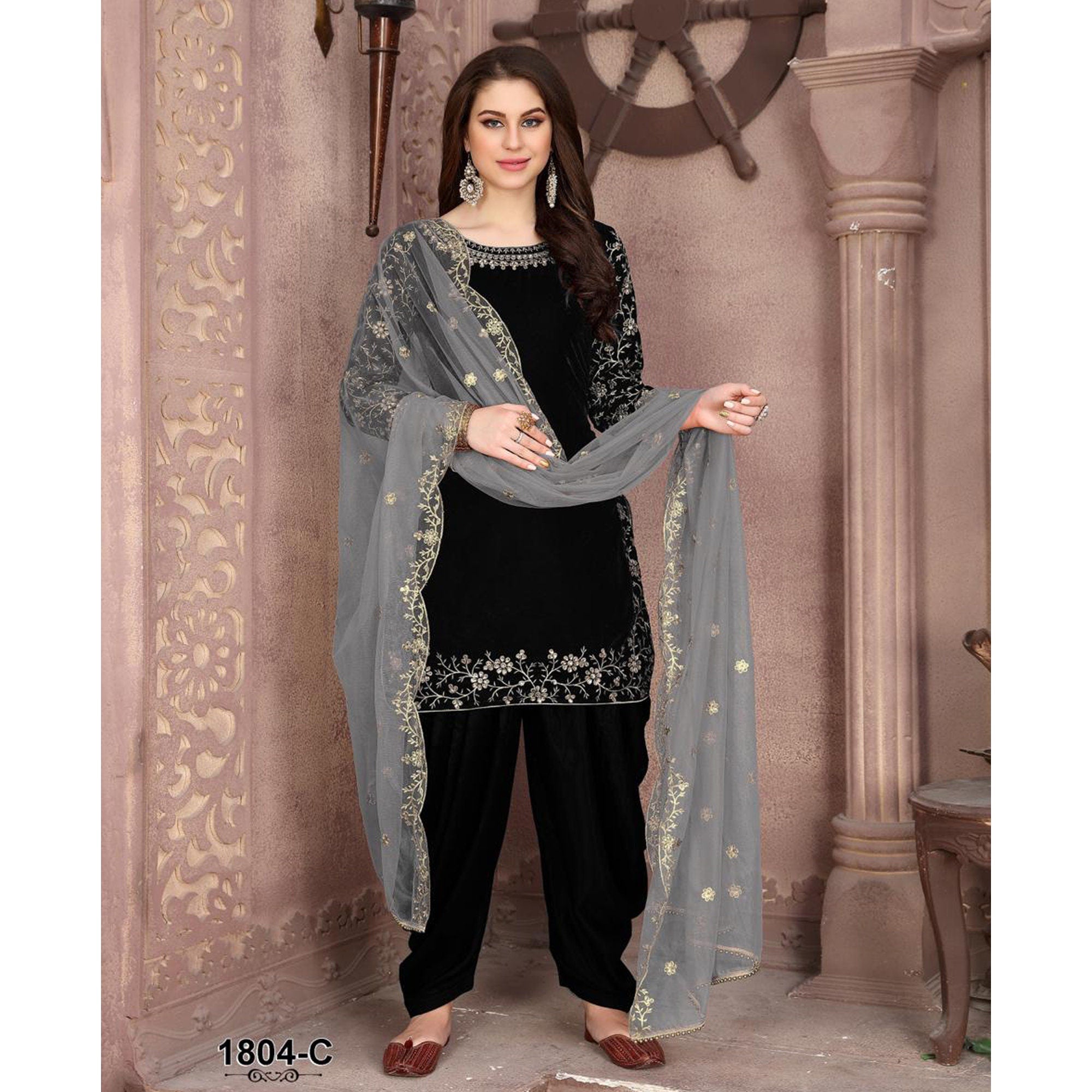 Designer Velvet Punjabi Patiyala Dhoti Black Color Dress